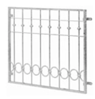 Geradliniges Fenstergitter mit Kreisverzierungen.