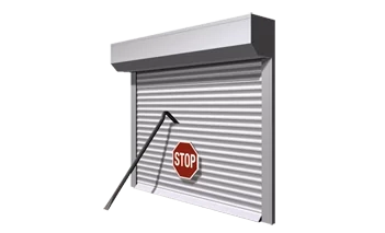 Sicherheitsrolladen mit Brechstange und Stoppschild